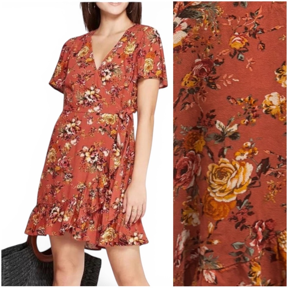 Xhilaration Orange Floral Wrap Dress -Size‎ XS